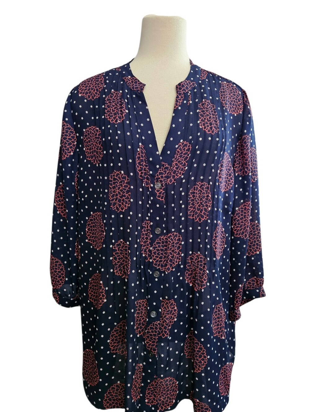 Charter Club 2X Navy Tunic with Coral Floral & White Polka Dots